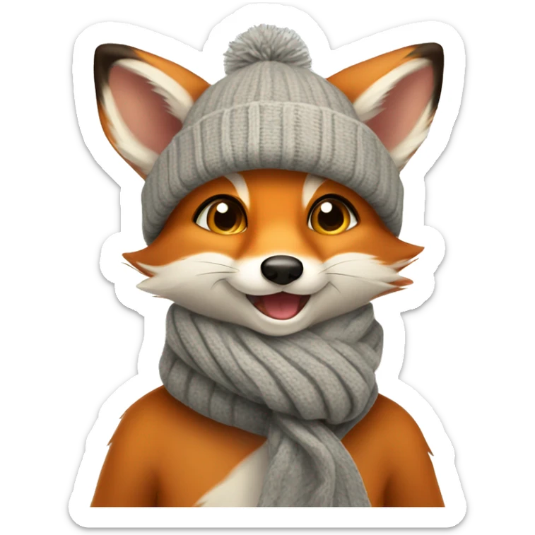 A cute little charming fox cub in a winter hat and scarf shows his tongue sticker