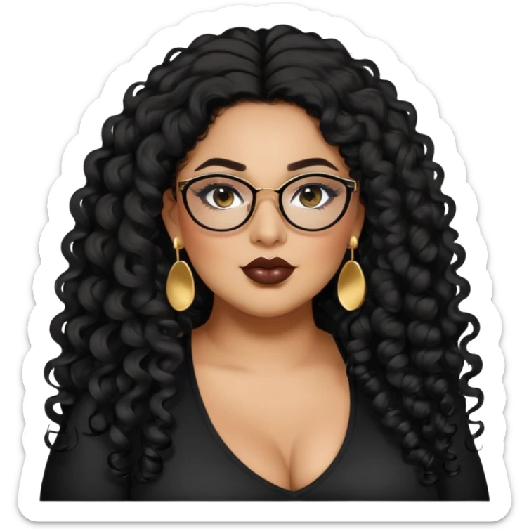 big plus size, latina, darker tan skin, long black curly hair, baddie,pretty, makeup, lipgloss, black eyeliner, long hair, SMALL gold earrings, black top, black glasses sticker