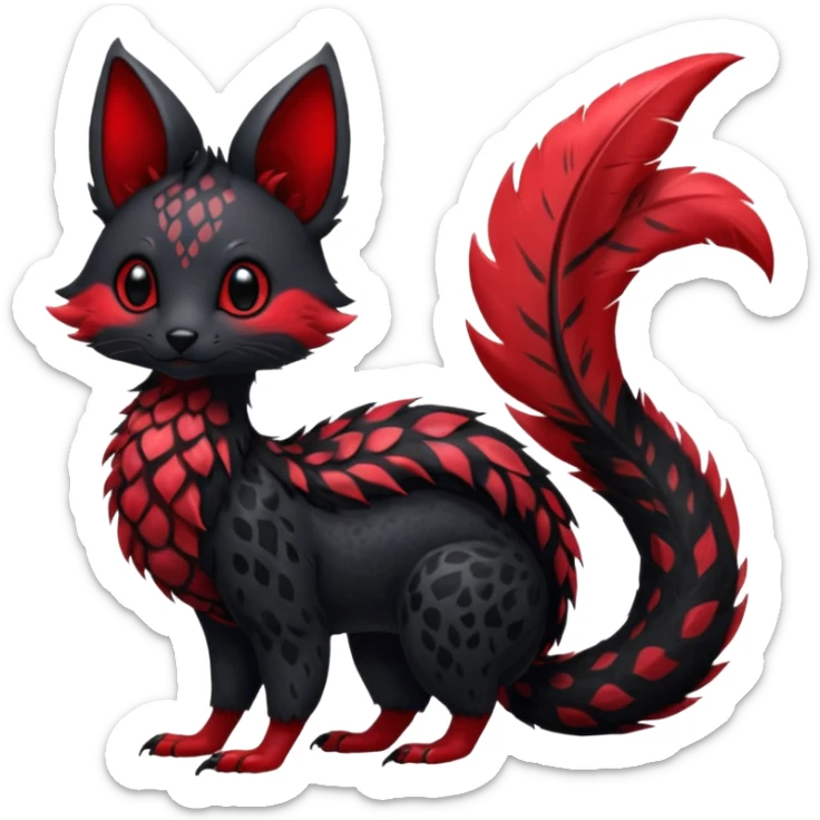 Feral Rare Fantasy shiny soft fuzzy furry vibrant tropical obsidian-black and crimson-red Vernid-Trico-species-creature by LiLaiRa, random markings, tufted tail, tufted ears, full body with markings sticker