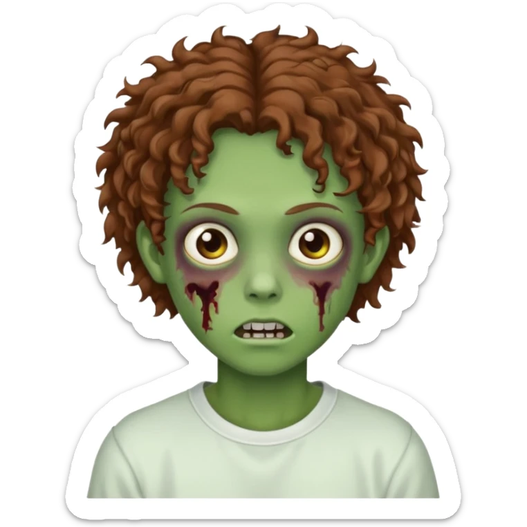  green teen zombie with brown curly hair and brown eyes wearing a white sweat sticker