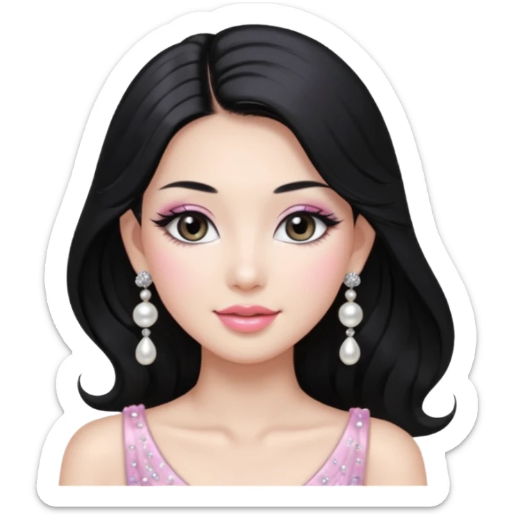 asian long voluminous black hair silver grey eyes glossy lips glittery white and light pink eyeshadow girl pearl earrings sticker