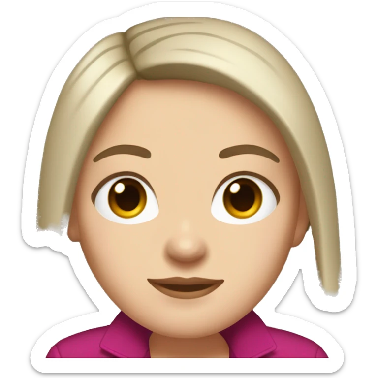 white girl with brown eyes, long straight dark brown hair, curtain bangs, and a magenta jacket sticker