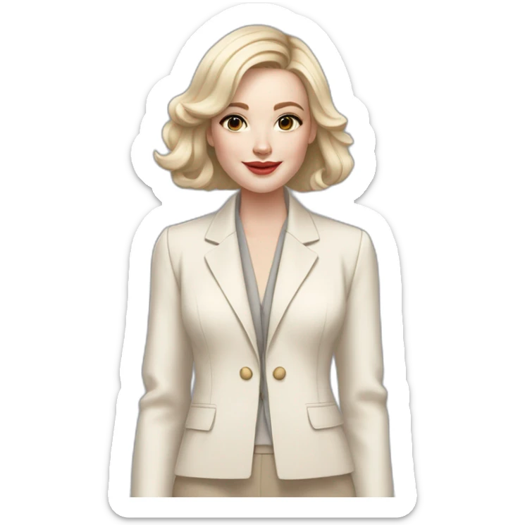 pale skin woman with ash blonde Straightened bob Hair, White Spacious classical jacket, beige palazzo Arrow pants and gray blouse holding a color palette in the hands sticker