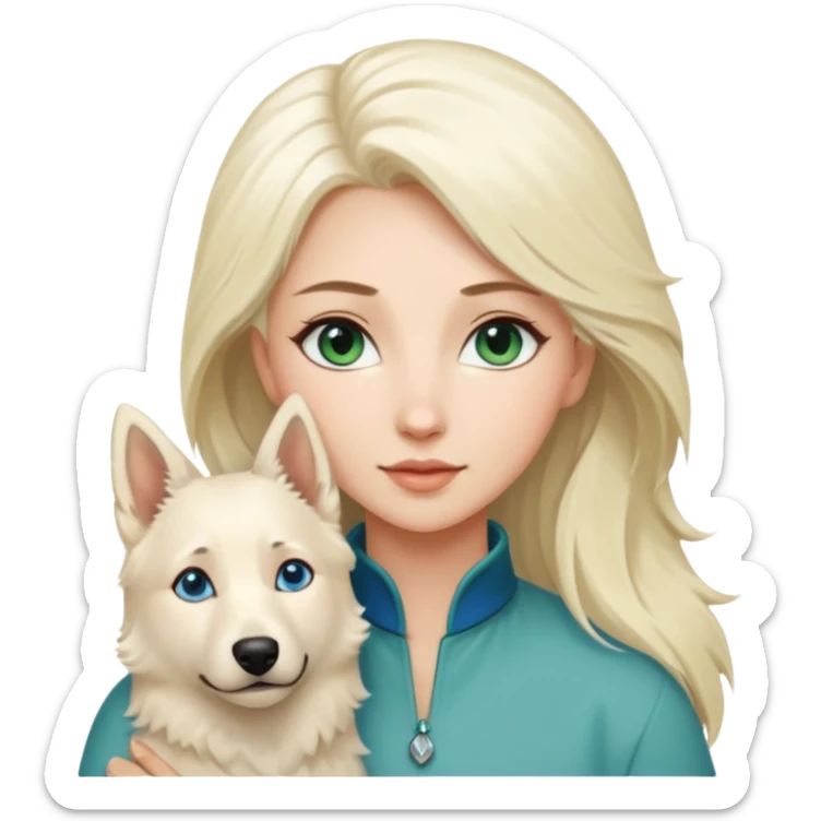 A white blonde Hair Woman with blue Green eyes with a White Shepard with a little bit beige in the fur in a lovely pose  sticker