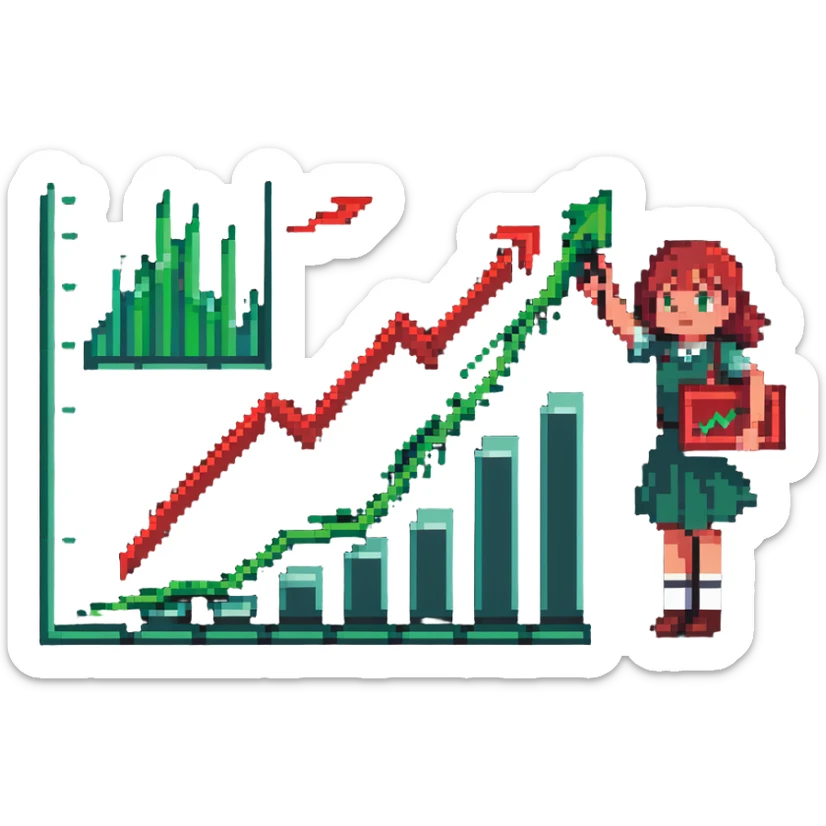 Girl holding chart with rising green graph line in right hand and holding another chart with falling red graph line in left hand sticker