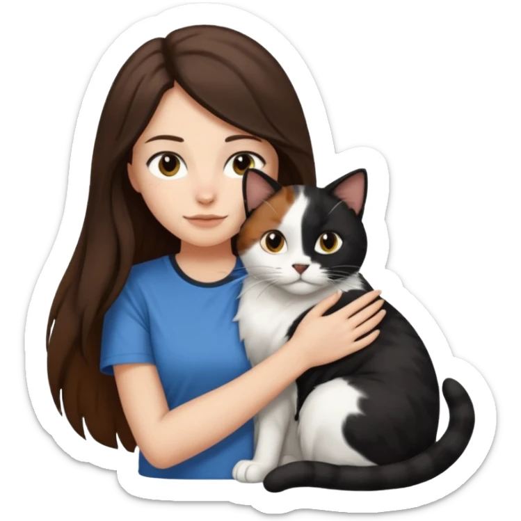 Brunette woman with long hair wearing a tshirt snuggling black brown and white calico cat sticker