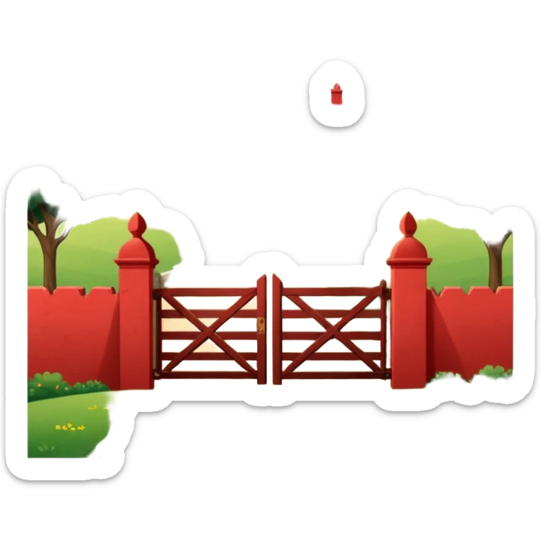 A fenced red house on a small hill with a large entrance gate bearing the inscription “Gosteli Archive,” with a farmhouse in the background. sticker