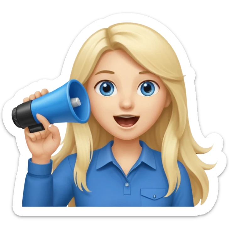  blue eyes blonde girl yelling into megaphone with right hand smiling long hair holding up left first finger sticker