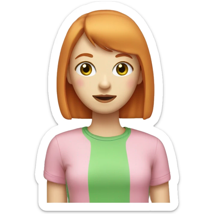 ginger girl, pale face, green eyes, pink lips, shoulder lenght straight with bangs, wearing pink t-shirt sticker