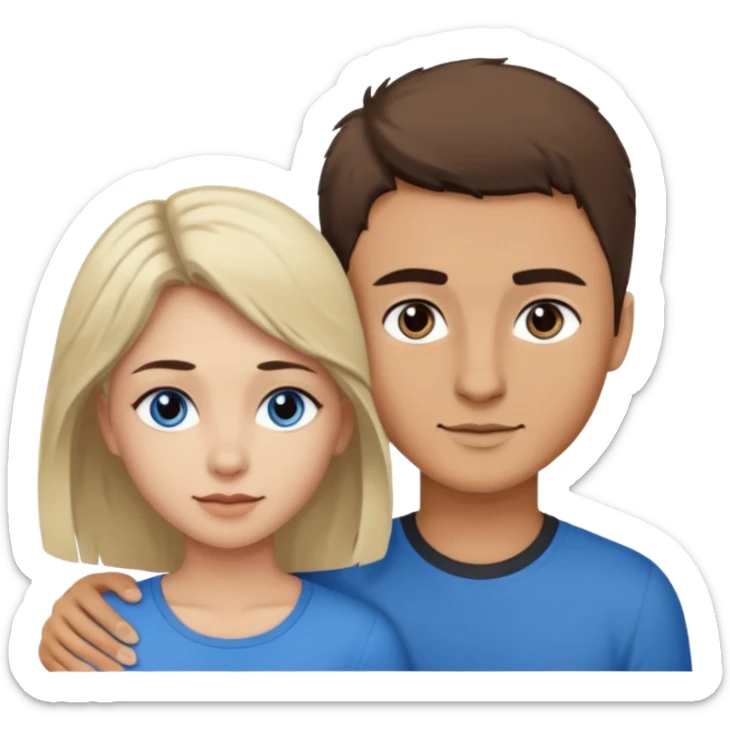Una pareja heterosexual. La chica de piel blanca pero bronceada (española), pelo al estilo wolfcut castaño oscuro, ojos marrones. El chico de piel blanca, ojos azules y pelo castaño claro, tirando para rubio oscuro. sticker