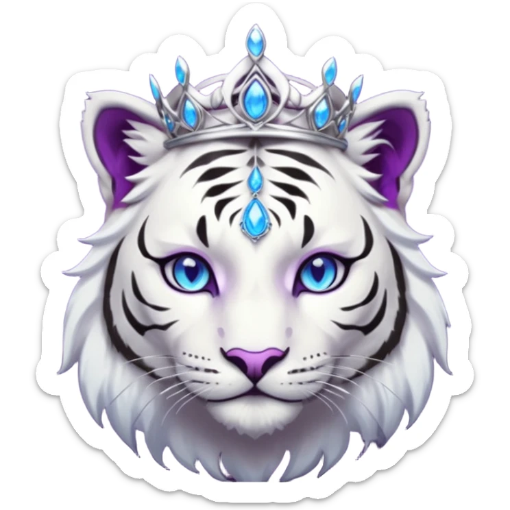 ESO Female white/black tiger khajiit leader of the umbral rose, glowing blue eyes, glowing blue 'third eye' gem; beautiful desined purple gemmed silver tiara sticker