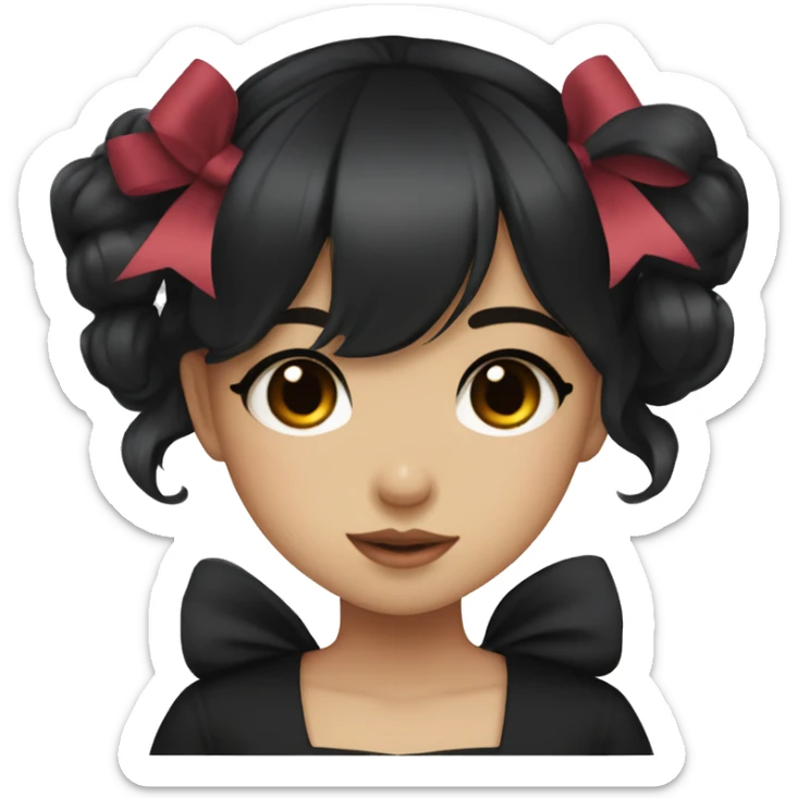 hime girl, light skin with brown eyes and black hair with bangs, bows, dark makeup, black shirt sticker