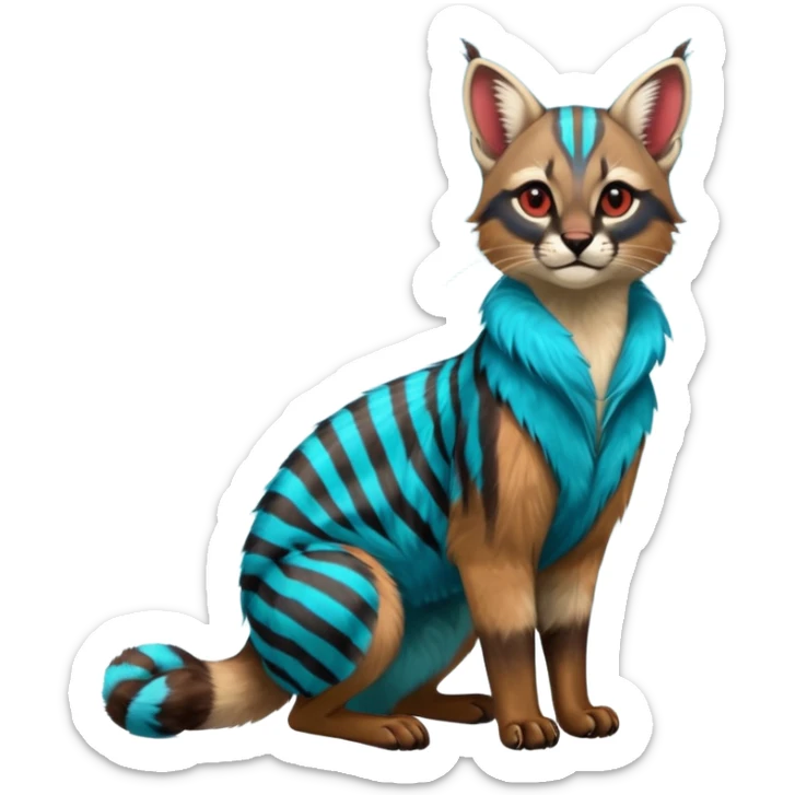 Colorful exotic shiny striped cobalt-blue-cyan-gradients-colored fur coat with red markings tropical glorious divine exotic cute cool beautiful realistic caracal-civet-genet-sergal-vernid-Cacomistle-Trico-oncilla-animal-Fakémon-hybrid-fursona (full body) sticker