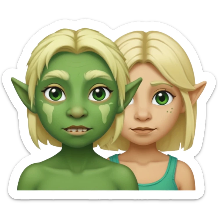 ugly female troll with blonde hair next to short blonde human sticker