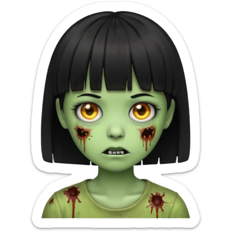 Emoji zombie girl verde com cabelo preto liso  curto com franja sticker