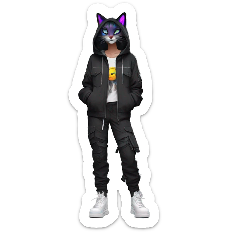 Edgy Anthro cool pretty colorful dark cat-fursona techwear cargo pants hoodie sticker