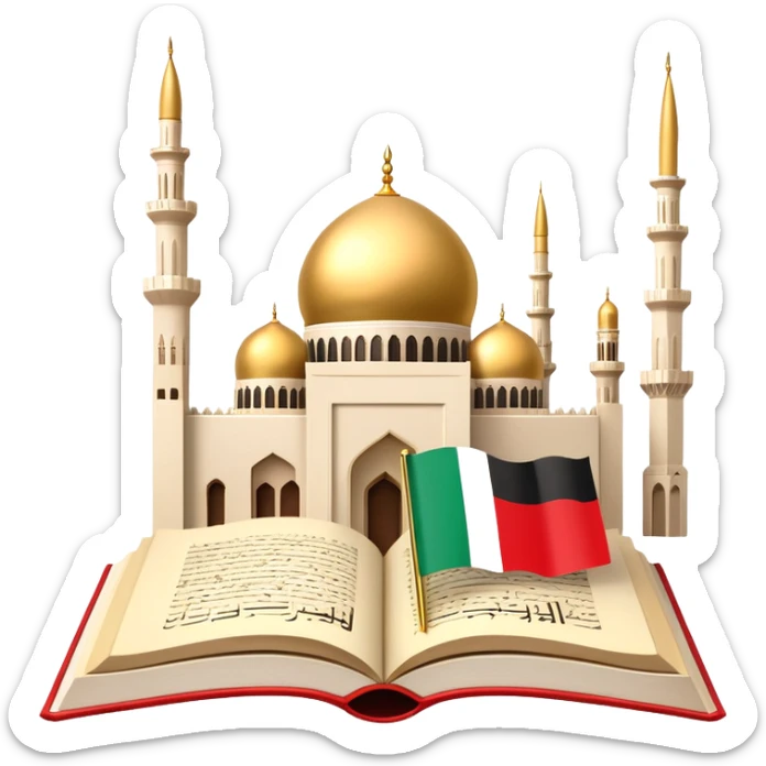 An icon featuring the mosque and the flag of United Arab Emirates, symbolizing the Arabic language. The design includes an open book with Arabic script and calligraphy, representing language learning and cultural heritage. Transparent background sticker