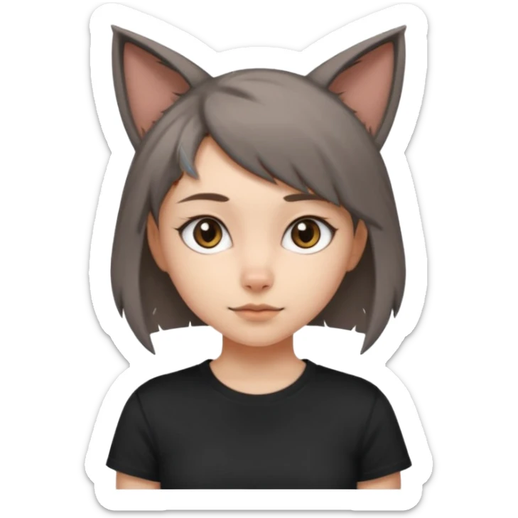 a girl with short brown wolf cut , grey cat ears and a tail, with a black t-shirt on sticker