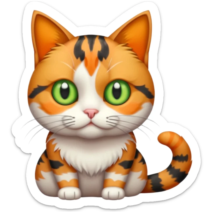 full body colourful calico tabby cat with skinny head and fat body with an anxious face sticker