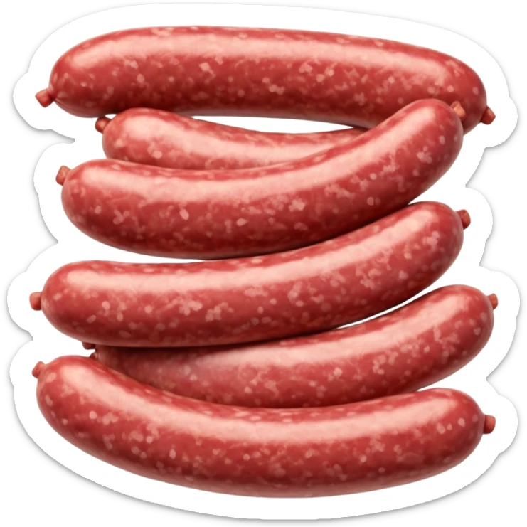 small pile of raw sausage meat, coarse ground, pinkish-red, white fat flecks, moist uneven texture, natural color, artisanal, soft lighting, subtle shadows, no casing, no bowl, no faces, transparent background, emoji scale sticker