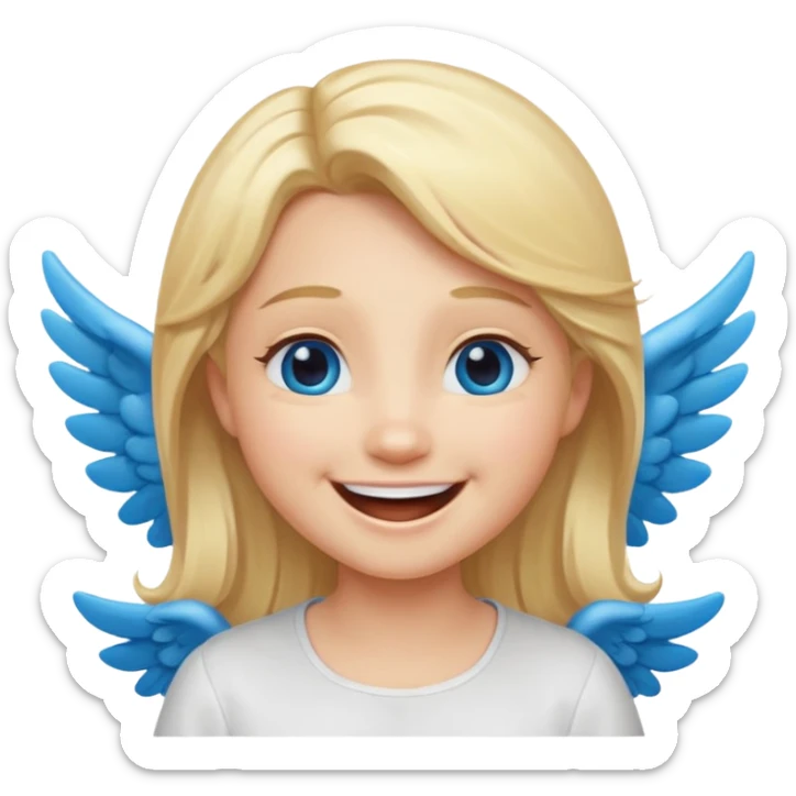 angel emoji blonde hair, blue eyes and smiling, larger wings with darker outline on them and bigger smile and more smiley eyes laughing sticker