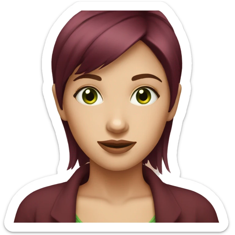 Girl with fair skin, burgundy short shag haircut, green eyes, oval face.  sticker