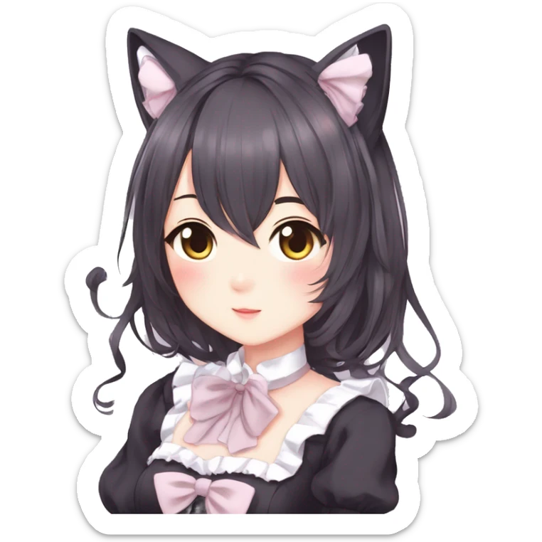 Gorgeous anime style catgirl with blushing face with maid outfit bow tie idol model kawaiicore pearly petite simplistic aesthetic trending style sticker