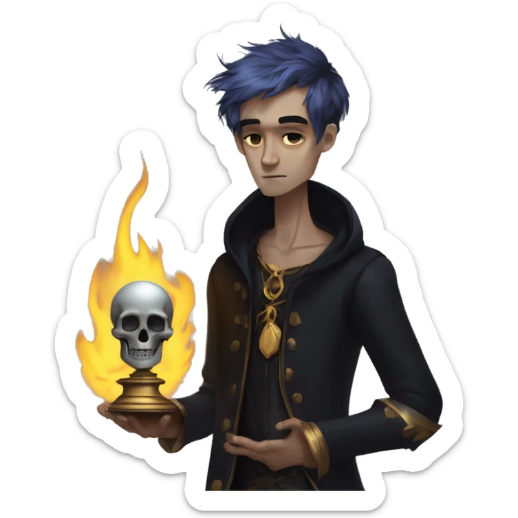 Hamlet young skinny sad man iridescent hair wearing raven feathers with a gilded hourglass and golden flames holding a skull sticker