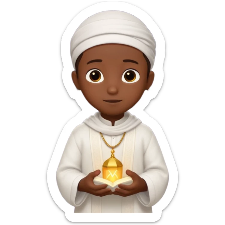 Personnage 3D mignon en style Pixar, un petit garçon portant un qamis blanc et un kufi, tenant un tapis de prière, entouré de lanternes brillantes, fond doux, couleurs chaudes, garçon teint noir sticker