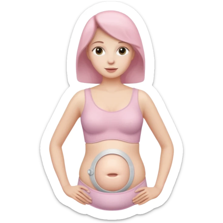  a woman, mid 60, focus on belly, wearing an ostomy bag sticker