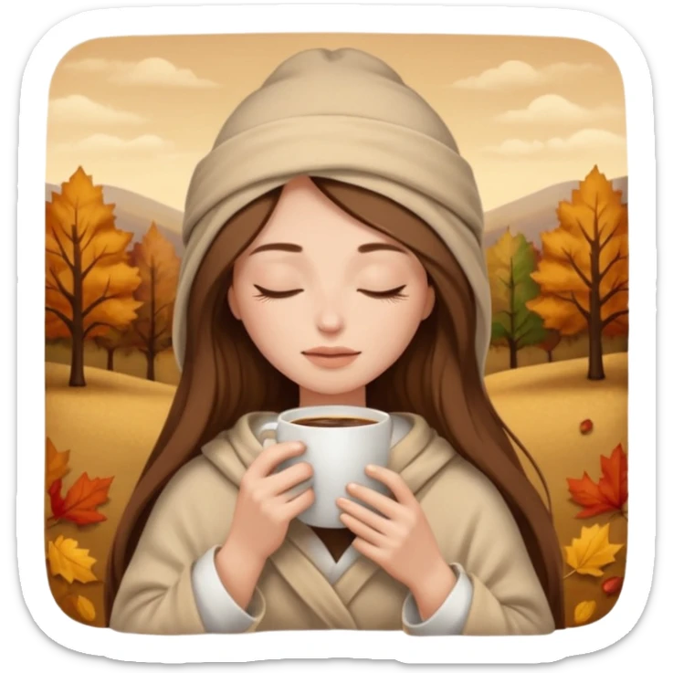 long brown hair woman closed eyes with beige blanket on her head, holding cup of coffee, autumn mood sticker