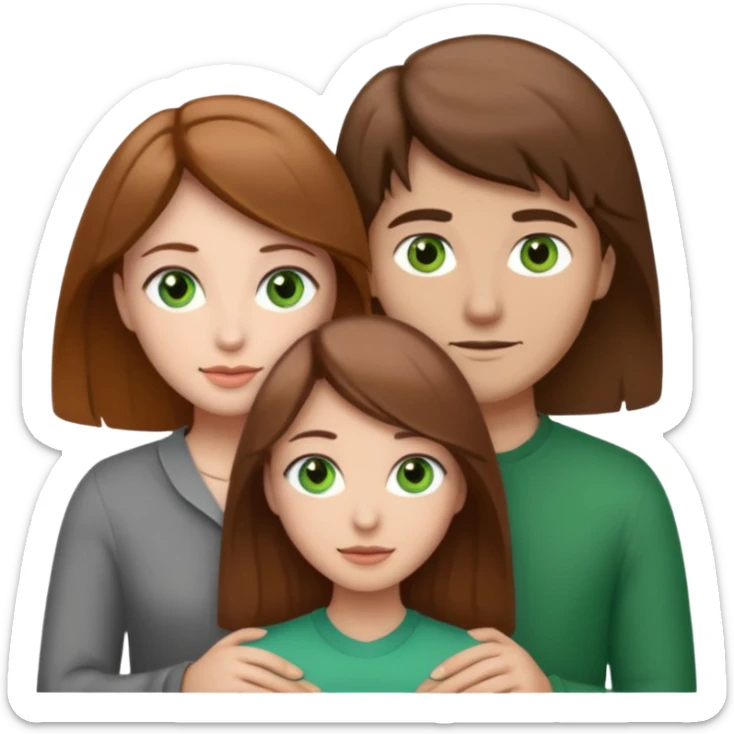 3 people. Throuple. Blank woman with light brown hair and green eye color on left. And also a blank man with brown hair and grey eye color in the middle. And a blank woman with brown hair and grey eye color on the right. Holding each other sticker