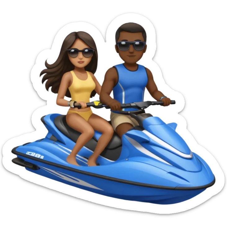 Dark male dark hair & light tan female long dark hair on a blue jet ski no sunglasses sticker