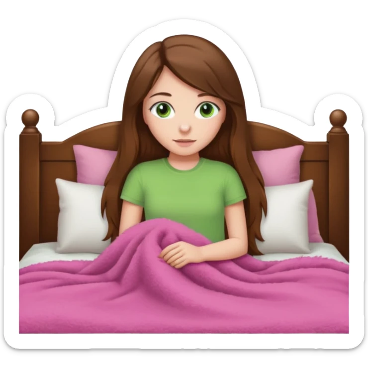 Girl with white skin tone and greens eyes and long brown hair laying in bed with a tan padded headboard and pink fuzzy blanket sticker