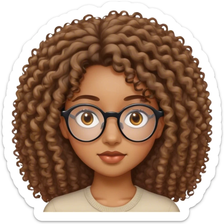 femme de 20 ans noire métissée avec les cheveux bouclés, le visage ovale et des lunettes semi rondes et les yeux en amande cheveux plus long et moins gonflés sticker