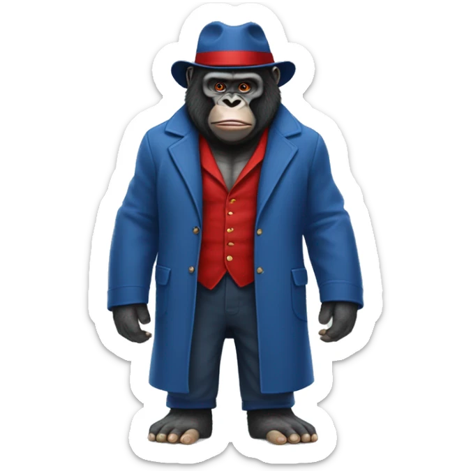 gorilla in paddington bear's  blue overcoat clothes and red hat, full body musular  sticker