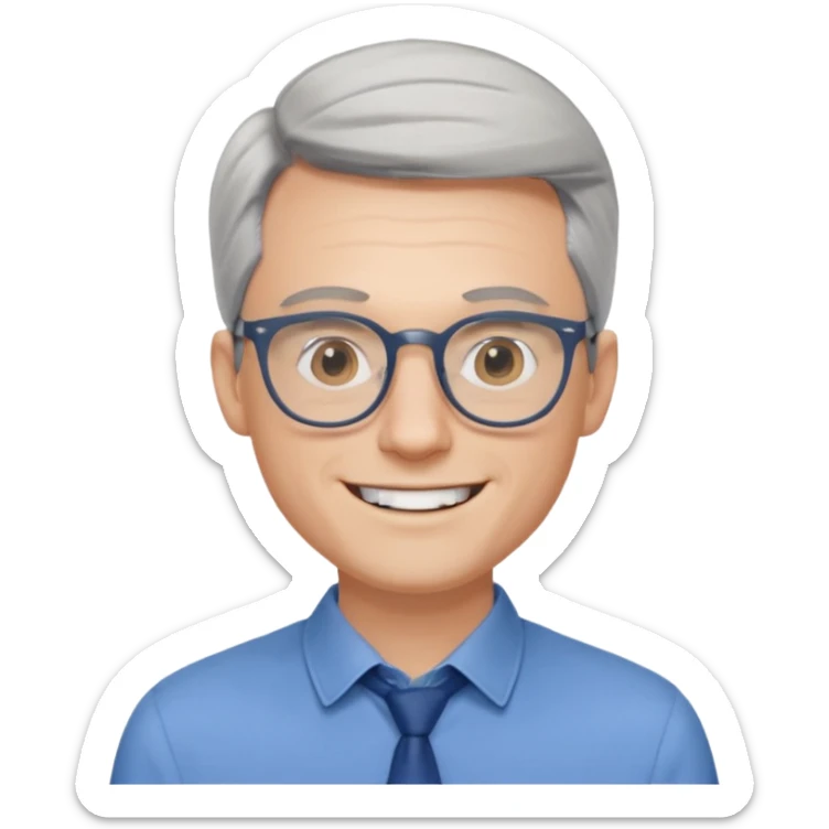 30 yr old pale white man, grey side swept hair, round glasses, big smile, white teeth, handsome, longer hair, thin glasses, blue dress shirt sticker