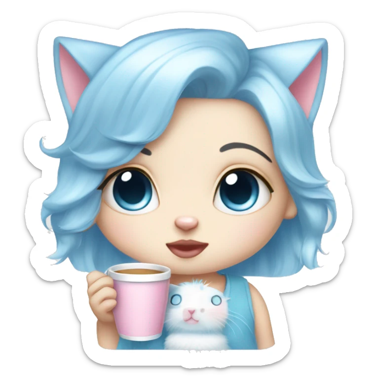 CHIBI WHITE SKIN CAT BABY BLUE AND BABY PINK SHOR HAIR GIRL WITH ONE EYE BLUE AND THE OTHER WHITE. ALSO SHE IS SIPPING A CUP sticker