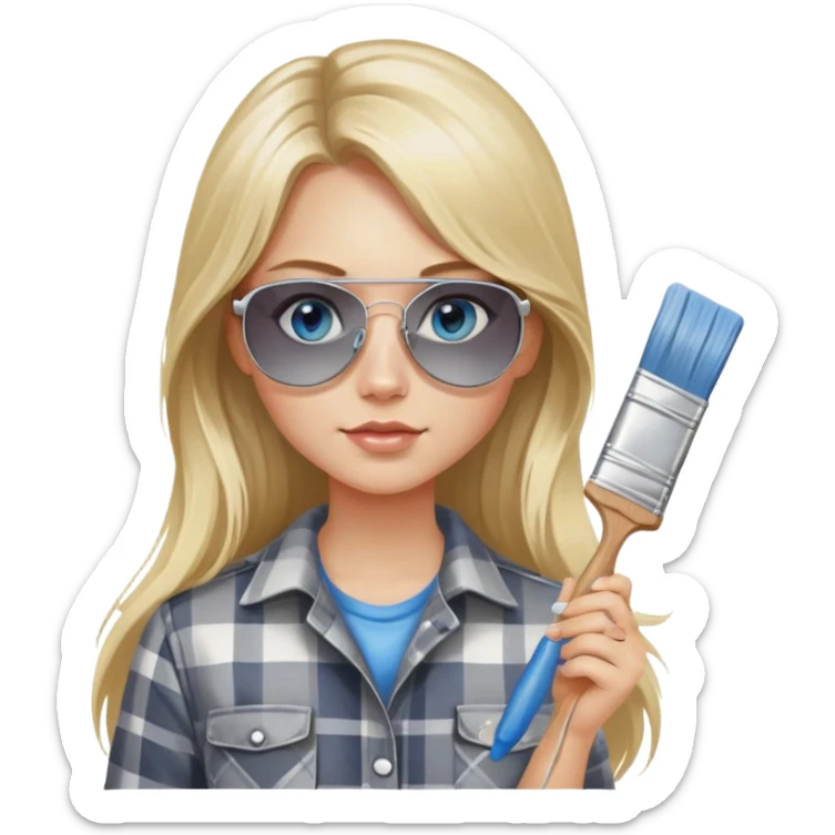 girl with long blond hair, wearing grey plaid shirt with blue eyes and aviator sunglasses wearing a ring on her silver necklace, holding a paint brush roller with a small bit of paint on her face sticker