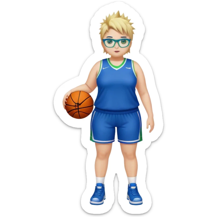 Full Body white plus size Girl with basketball spikey short brown and blonde hair  wearing blue glasses with green eyes wearing basketball uniform sticker