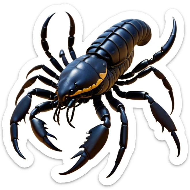 Cinematic Noble Emperor Scorpion Portrait Emoji, Poised and formidable, with a robust, armored build and a glossy, jet-black exoskeleton accented by striking, segmented pincers, deep-set piercing eyes, Simplified yet sharp and sophisticated features, highly detailed, glowing with a cool, dignified glow, high shine, intelligent and imposing, stylized with an air of ancient desert majesty, focused and attentive, soft glowing outline, capturing the essence of a watchful and commanding scorpion that feels as though it could silently creep out of the screen with effortless authority! sticker