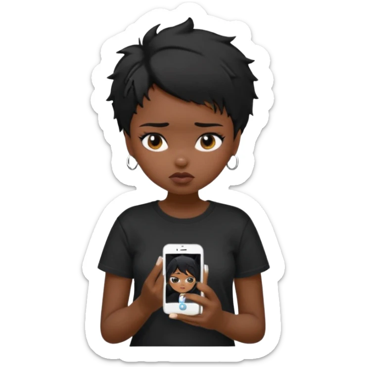 generate a pretty bratz girl with short black very messy hair, looking tired and using her phone, wearing an oversized black tshirt sticker