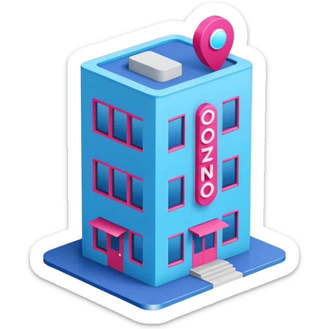 The building houses the Ozon order pickup point in its signature blue (digital blue) and raspberry colors. sticker