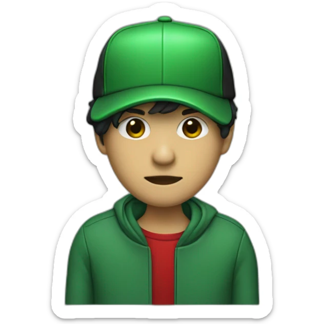 Someone with green skin no face green jacket black pants and a black cap with a Red R on it sticker