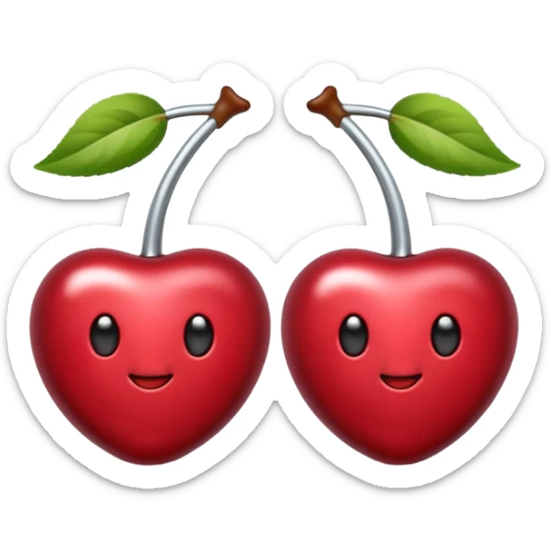 A pair of cherries emoji made of polished silver chrome, smooth rounded shapes, glossy metallic finish, soft highlights and reflections, cute proportions, iOS emoji style, centered, clean white background, no text sticker