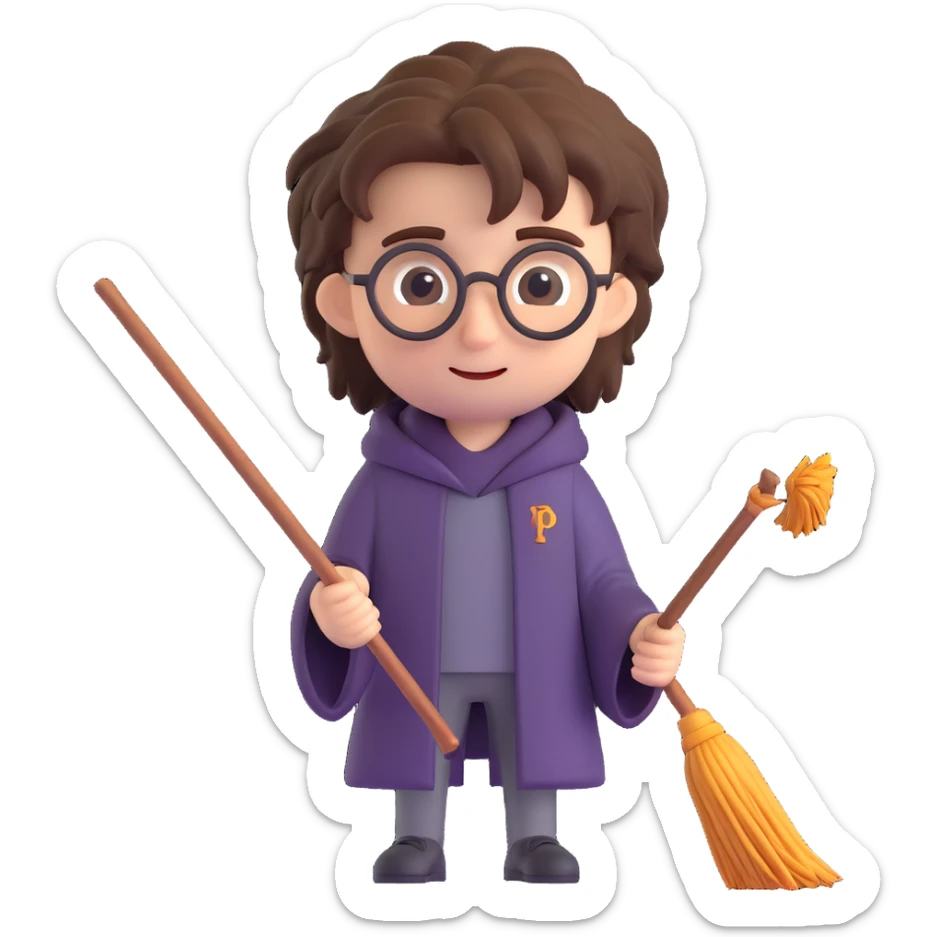 Add a broomstick to Harry Potter, keep messy hair and wand, 3D emoji style sticker