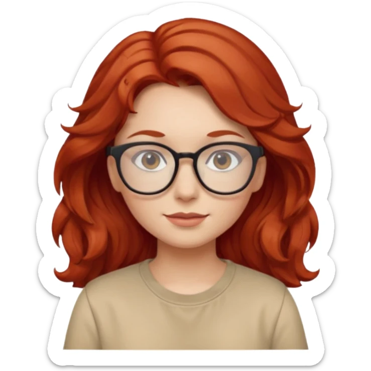 girl wear glasses, wavy red hair, beige shirt\ sticker