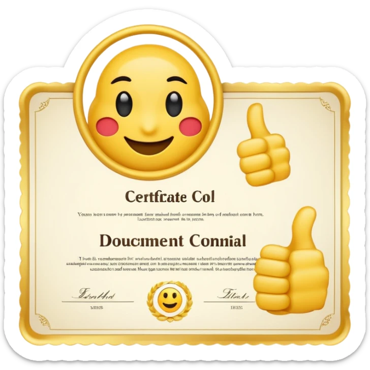 A simple emoji of a certificate document with a seal and a thumbs-up symbol, representing qualification or certification emoji style sticker
