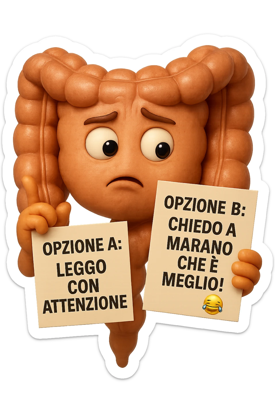 SU QUESTO STILE FAI UN EMOJI STILE IPHONE 3D DI UN INTESTINO CHE HA nella mano destra "OPZIONE A: LEGGO CON ATTENZIONE" E NELLA MANO SINISTRA" OPZIONE B: CHIEDO A MARANO CHE è MEGLIO! (METTICI UNO SMILE CON RISATE QUI)", FAGLI UN ESPRESSIONE CONFUSA MENTRE GUARDA L'OPZIONE A E FALLO MOLTO REALISTICO IN 3D sticker