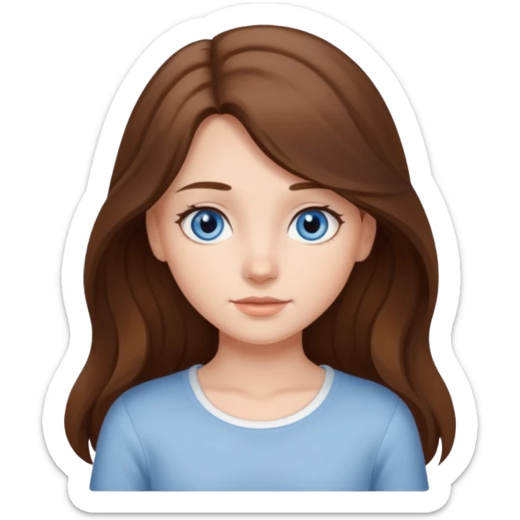 Girl with long brown hair that is slightly curly in the ends, blue-gray eyes and a white top sticker